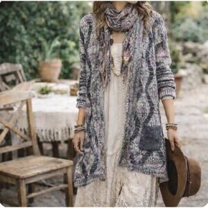 EUC Soft Surroundings L/XL Open Front Cardigan Sweater Knit Gray Black Purple